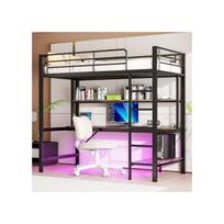 Vaikiška lova - MUVOE - Dviaukštė lova 90x200 cm - Metalas ir MDF - LED apšvietimas - Integruoti USB lizdai juoda