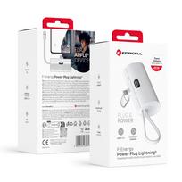 Powerbank Forcell F-Energy Power Plug F5K3 PD 20W 5000 mAh su integruota Lightning jungtimi balta