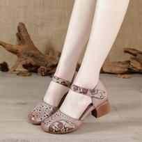 2025 summer new retro ethnic style bag head women's sandals thick heel non-slip soft sole high heel sandals mother shoes 35 chaki