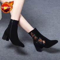Short Shoes for Women Black Suede Booties Work Female Ankle Boots Elegant with Medium Heels Footwear Spring Autumn Goth Chic 35