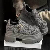 2025 Women's Platform Loafer Shoes Leopard Print Rhinestone Korean Style Spring and Autumn Thick Sole Height Increase Shoes 35