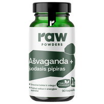 RAW POWDERS AŠVAGANDA, su juoduoju pipiru PLUS, 90 kapsulių
