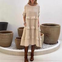 2025 Spring/Summer Women's Long-Sleeved Patchwork Round Neck Ruffle Dress 3XL brown
