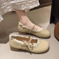 French low-heeled Mary Jane single shoes women's 2025 new summer skirt evening shoes shallow mouth Lolita small leather shoes 35 chaki