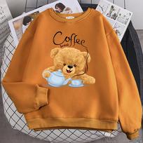 Street Casual Womens Sweatshirt Coffee Break Teddy Bear Making Coffee Print Hoodies Loose Soft Pullovers Crewneck Fleece Clothes S chaki
