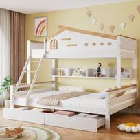 Dviaukštė lova - MUVOE - 90x200cm & 140x200cm - Baltas + Natūralus - 2 stalčiai - Įstrižas kopėtėlės balta