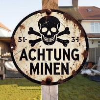 Senovinis ženklas „ACHTUNG MINEN“. Skeletas ir kryžiuotos kaukolių galvos aliuminio dekoracija barui, kavinei ar garažui. gryna
