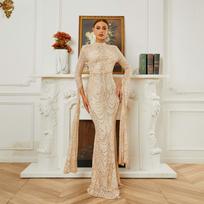 Elegantiška blizgučiais puošta ilgomis rankovėmis vakarinė suknelė moterims Extra Large abrikosas