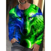 Long-sleeve 3D printed wolf pattern stylish T-shirt, men's street casual, round-neck trendy T-shirt 4XL