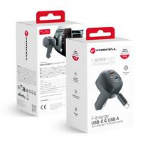 FORCELL F-ENERGY Alu automobilių įkroviklis su sulankstomu Type C kabeliu ir Type C + USB A lizdais PD QC4.0 SFC2.0 3A 75W juodas