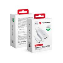 FORCELL F-ENERGY TFK-TC-1099 kelioninis įkroviklis USB A + USB A į Type C kabelis QC3.0 2,4A 18W baltas