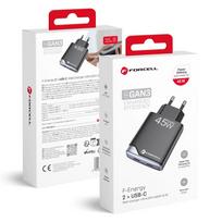 FORCELL F-ENERGY GaN III B245201(2C) Ultra Slim kelioninis kroviklis 2 x Type C + USB A PD QC4.0 3A 45W juodas