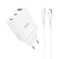Hoco telefonų įkroviklis 2 x USB C + USB A QC3.0 PD 3A 35W + USB C - Lightning kabelis N33 baltas