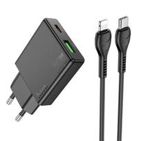 Hoco Slim telefono įkroviklis USB A + USB C QC3.0 PD 3A 20W + USB C į Lightning laidas N38 juodas