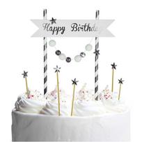 Sidabrinė torto puošmena "happy Birthday" su pomponais