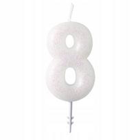 Torto žvakutė "8" balta su blizgučiais, 6,5 cm