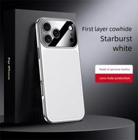 Premium Full Grain Leather Case For iPhone 17 Air Pro Max Luxury Cover Electroplating Frame iPhone17 Pro Max balta