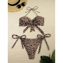 Leopardo rašto mazguotas taškuotas bikinis moterims be petnešėlių bandeau maudymosi kostiumėlis moteriškas maudymosi kostiumėlis dviejų dalių bikini komplektas maudymosi kostiumėlis maudymuisi S gelsvai ruda