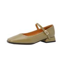 Nauji tikros odos Mary Jane moteriški batai Laisvalaikio Sagtis Seklūs bateliai Kvadratinė nosis Storas kulnas Batai Moteris Zapatos De Mujer 35 šviesiai žalios spalvos