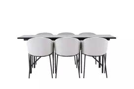 Valgomojo stalas Astrid, 200x75cm, Juoda + 6 kėdės Evelina, Juoda/Šviesi pilka