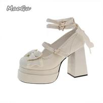 11CM High Heel Women's Mary Jane Shoes Star Ankle Strap Lolita Bow Sweet Pumps Leather Single Shoes Size 35-42 Zapatos De Mujer 35