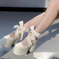 Fashion Designer Platform Women Shoes Mary Jane Shoes Dress Pumps Fashion Elegant Cross Strap Thick Heel Shoes Ladies College Style Shoe 35 pilkšvai balta