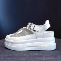 Madingi 8cm natūralios odos moteriški platforminiai sandalai pleišiniai šlepetės su sagtimi aukštu kulnu moteriški vasariniai batai sportbačiai Zapatos Mujer 34 smėlis
