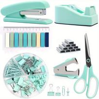 Green desktop office set, stapler, scissors, tape, stapler, staple set žalia