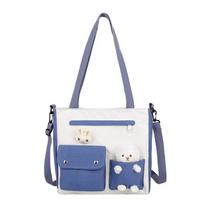 Women 'S Double Pocket Canvas Bag Fashion Trend Single Shoulder Bag With Lid Zipper Messenger Bag Tote Bag Student Tuition Bag CLE mėlyna