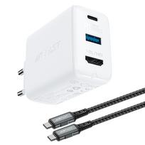 Acefast 2in1 įkroviklis GaN 65W USB Type C / USB, adapteris HDMI 4K @ 60Hz (rinkinys su kabeliu) baltas (A17 baltas)