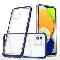 Aiškus 3in1 dėklas Samsung Galaxy A03 silikono apvalkalas su mėlynu rėmeliu