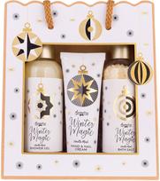 Vonios rinkinys daugkartiniame dovanų maišelyje WINTER MAGIC: dušo želė 200 ml, vonios druska 230 g, rankų ir nagų kremas 60 ml, kvapas: vanilės muskusas