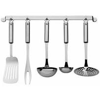 WMF Zestaw pomocników kuchennych WMF Profi Plus 6 sztuk, wisząca półka z pomocnikami 5, chochla, skimmer, łyżka do sosu, obracarka, widelec do mięsa, chochla, stal nierdzewna Cromargan częściowo matowa, można myć w zmywarce | 18.7152.9990 | 4000530547767