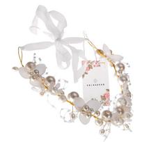 Auksinė vaikiška diadema – balti perliukai, boho šukuosenos aksesuaras
