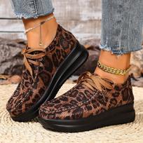 Sexy Leopard Lace Up Loafer Women 2025 Autumn Round Toe Chunky Platform Wedge Heel Casual Shoes Comfort Thick Bottom Sneakers 36 ruda