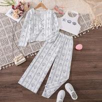 Girls' Outfit Children's Clothing Autumn New Stylish Shell Starfish Print Long Sleeve Cardigan Halter Vest Long Pants 8Y balta