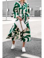 2024 Euro-American Style Spring/Fall Printed Casual Tie-Up Women's Shirt Dress Medium žalia