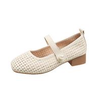 Aphixta 3.5cm Square Heels Women Mary Janes Shoes Hook Loop Pearls Weave Design Dress Shoes Breathable Med Heel Woman Shoes 35 smėlis