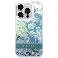 Guess Flower Liquid Glitter dėklas iPhone 14 Pro Max - žalias