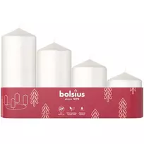 Cilindrinių žvakių rinkinys BOLSIUS, baltos sp., įvairių dydžių, 4 vnt