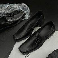 Cowhide version~ Square head retro British black small leather shoes, women's commuting one-pedal loafers temperament thick heel single shoes 35