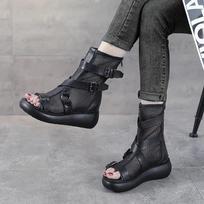 6CM New Fashion Women Wedges Sandals Summer Air Mesh Cool Boots Ladies Genuine Leather Open Toe Platform Gladiator Sandals Black 35 juoda