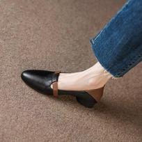 Pumps Women Autumn New Comfortable Versatile Chunky Heel Soft Leather Soft Sole Non-Tiring Slip-On Pointed Toe Low Heel Shoes 35 juoda