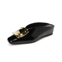 Slippers Women's Sandals Metal Square Buckle Premium Square Head Half Slippers Women's Retro Flat Bottom Bag Head Cool Slippers 34 juoda