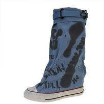 Women's Spring Graffiti High Canvas Boots Round Head Middle Follow Anti-slip Boots Women Leisure Fashion Rubber Sole 35 mėlyna