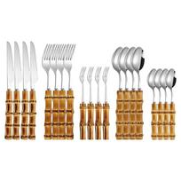 20/30pcs Bamboo Tableware Set Stainless Steel Nature Handle Retro Dinnerware Cutlery Steak Knives Table Fork Spoon Dessert Gift