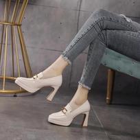 Fashion Square Toe High Heels Pumps for Women  Elegant Ankle Strap Wedding Shoes Woman Metal Solid Color Thick Heeled Shoes 34