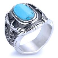 Turquoise Eagle Ring for Men Handmade Carved Design Blue Stone Mens Fashion Jewelry No. 7