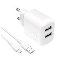 Puro PROLITE 10W 2x USB-A sieninis įkroviklis + USB-A - USB-C laidas 1.2m - baltas