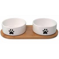 Dog Fantasy 2 keramikiniai dubenėliai su neslystančiu bambukiniu stovu, 400ml (balta/juoda)
